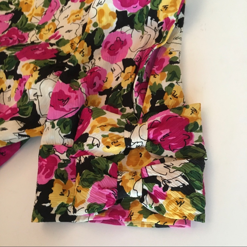 Vintage Albert Nipon Floral Silk Dress short sleeves 4 Pink Black Yellow White - Picture 5 of 6